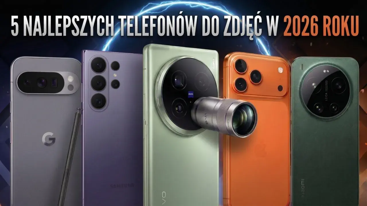 Pięć smartfonów, które mogą odpowiedzieć na pytanie: który telefon ma najlepszy aparat w 2026 roku. Widoczne modele Google, Samsung, Vivo, Apple i Xiaomi.