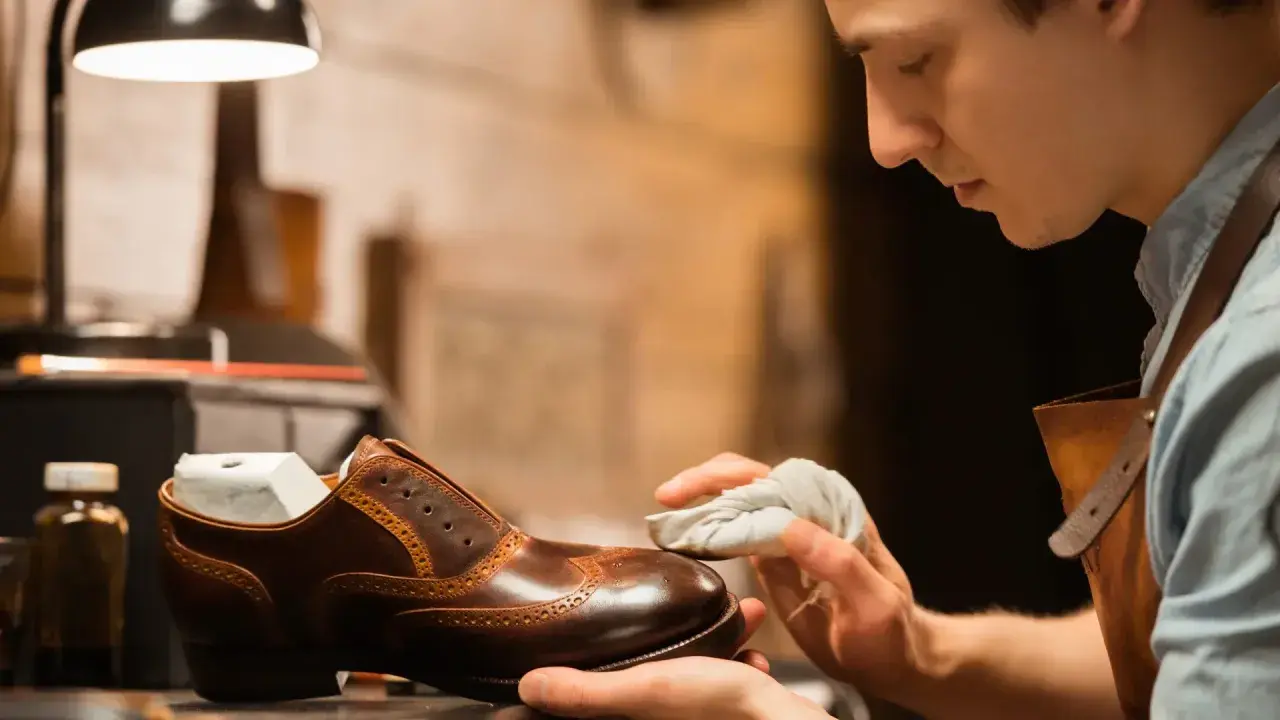Un artisan applique du cirage pour chaussures sur un soulier en cuir marron, lui redonnant son éclat.