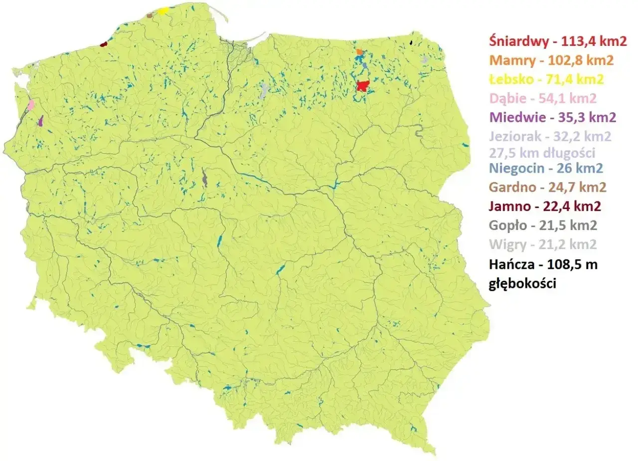 Mapa Polski z zaznaczonymi największymi jeziorami. Widać Śniardwy, Mamry i Łebsko, a także inne zbiorniki wodne.
