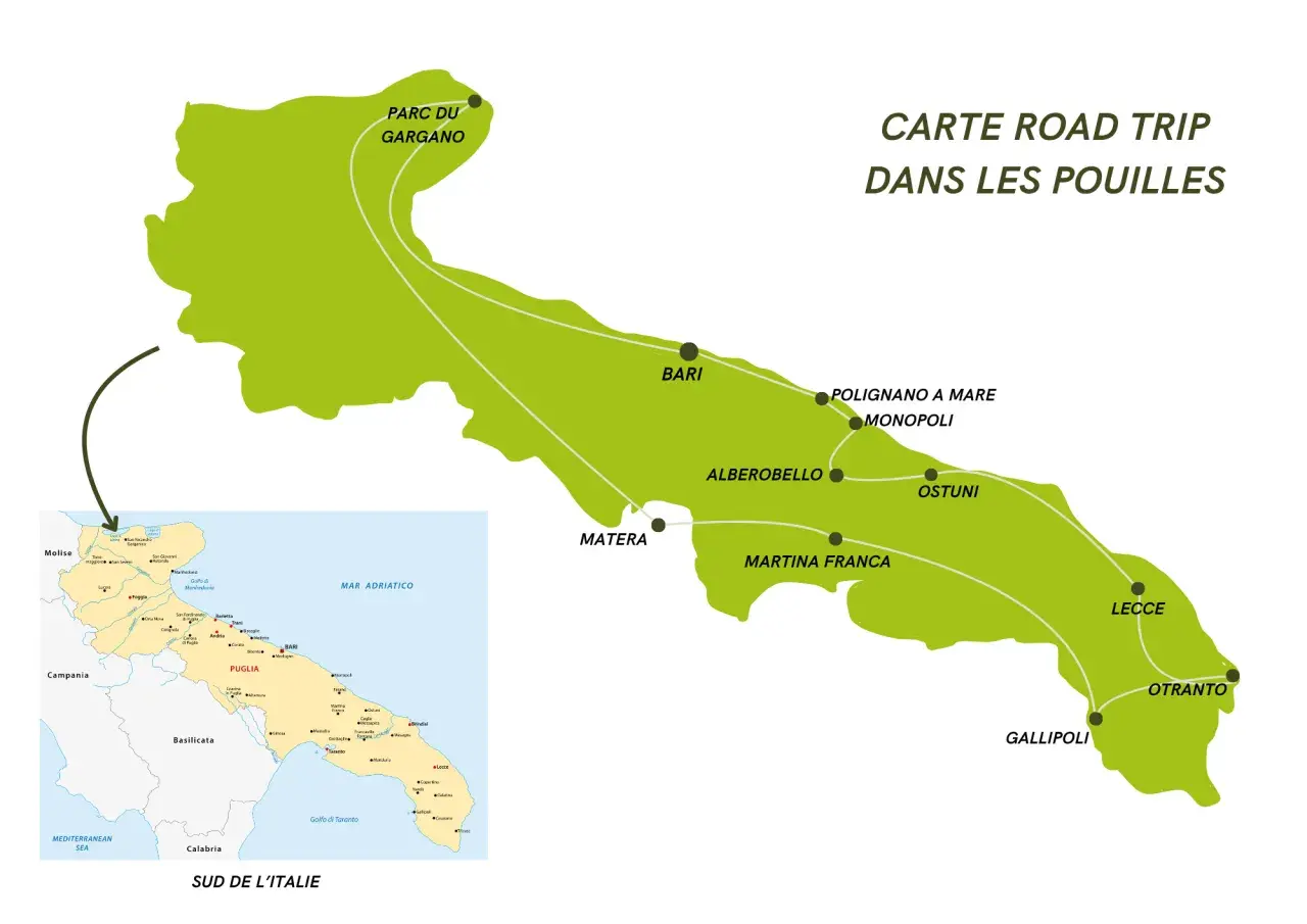 Carte d'un road trip en camping-car dans les Pouilles, montrant le trajet de Gargano à Otranto, en passant par Bari, Alberobello et Lecce.