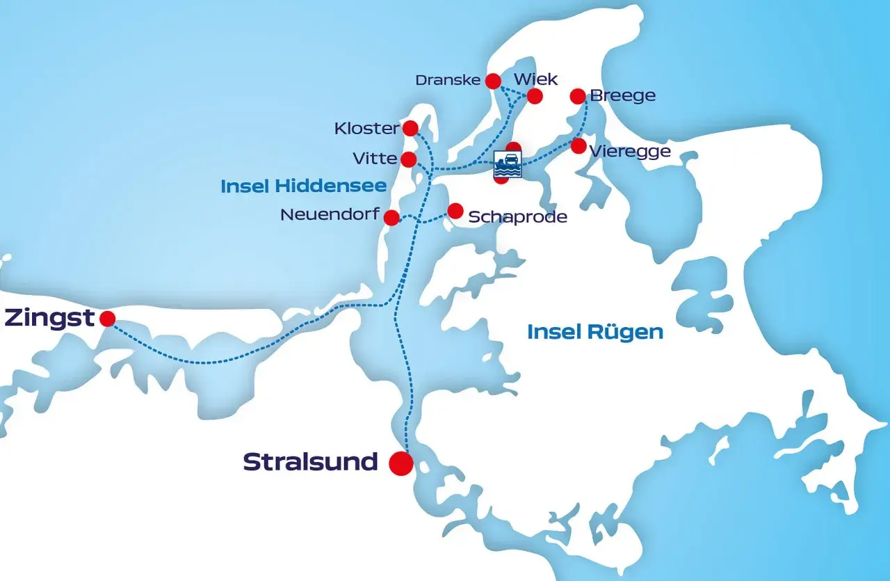 Karte zeigt die Insel Hiddensee westlich von Rügen. Verbindungen von Stralsund, Zingst und Rügen nach Hiddensee.