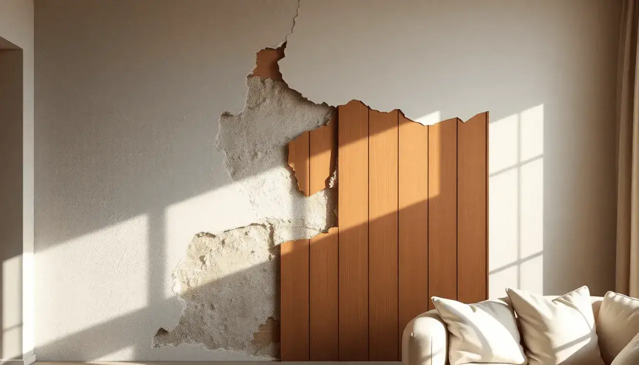 Une solution créative pour comment cacher un vilain mur intérieur : un panneau de bois chaleureux recouvre une partie abîmée, créant un contraste texturé.