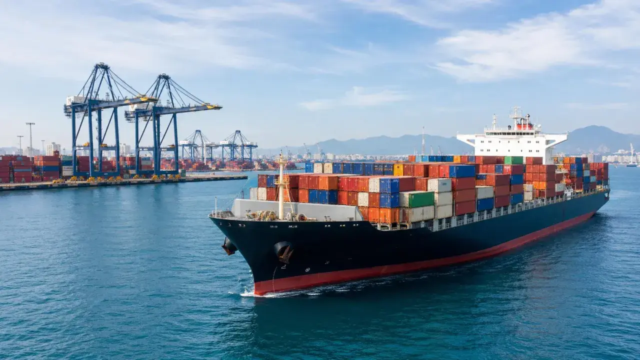 Großer Frachter mit bunten Containern verlässt den Hafen. Kräne im Hintergrund, die auf die nächste Lieferung duty unpaid warten.