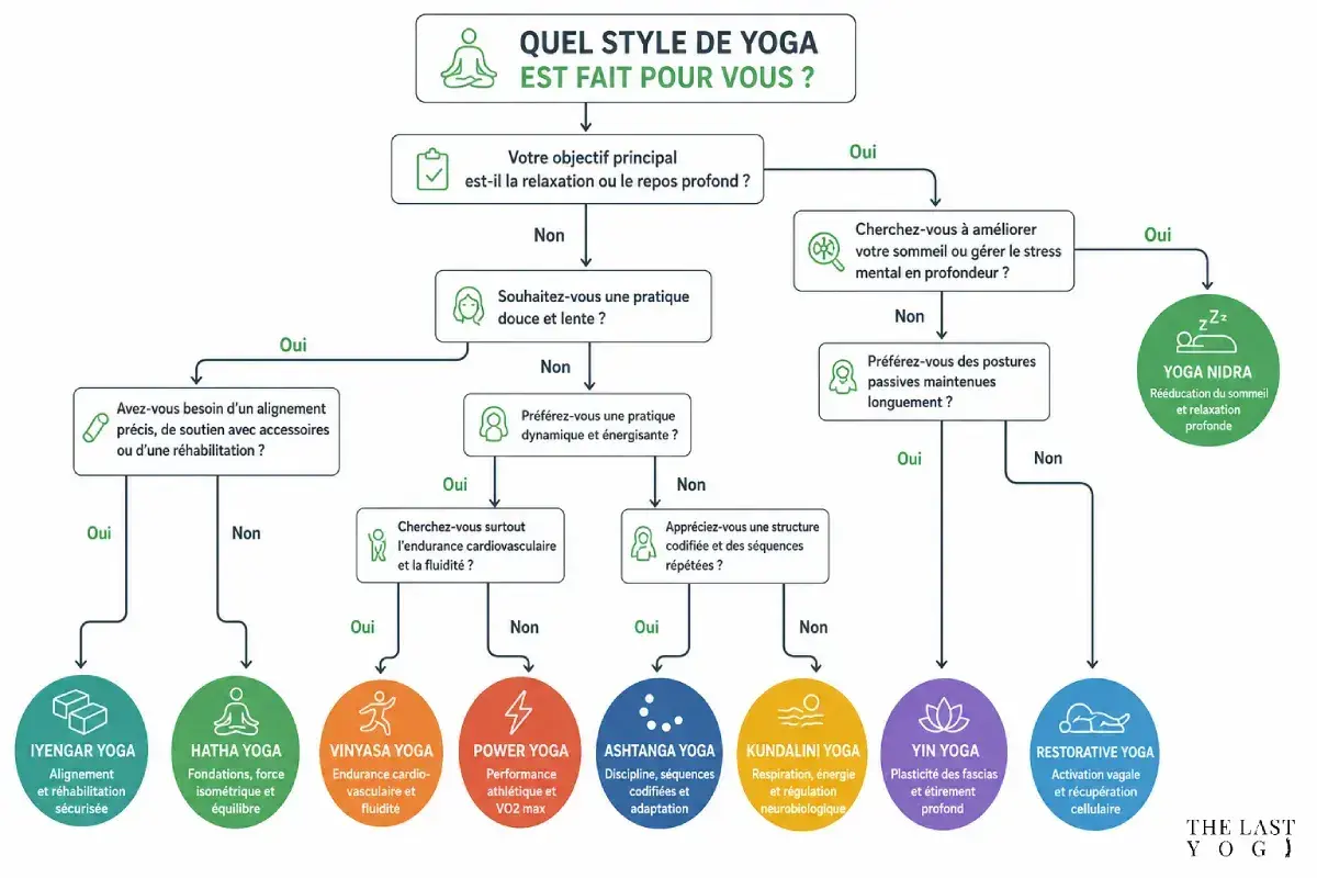Arbre de décision pour choisir quel type de yoga vous convient le mieux, basé sur vos objectifs et préférences.