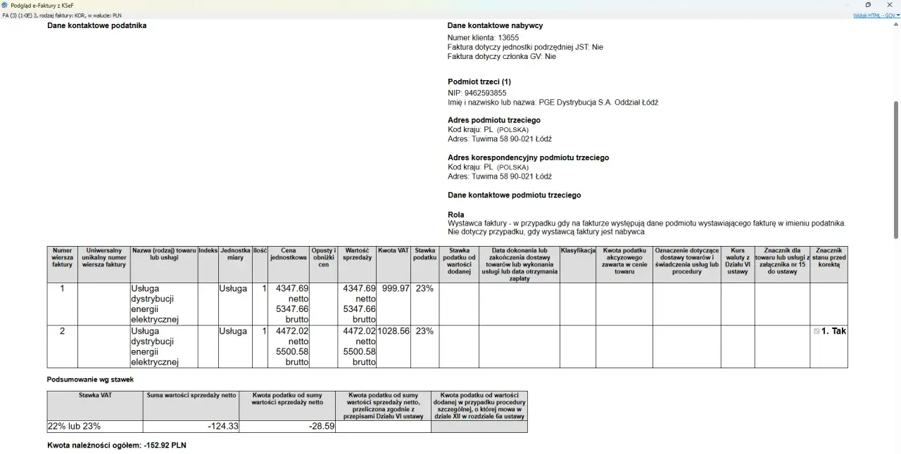 Nota korygująca do faktury za energię elektryczną. Wartość netto: -124.33 PLN, VAT: -28.59 PLN.