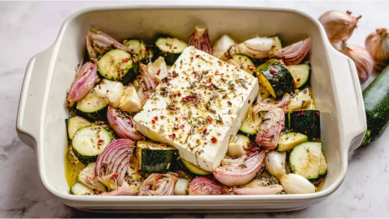 Gebackene Zucchini mit Feta, roten Zwiebeln und Knoblauch in einer Auflaufform, bereit für den Ofen.