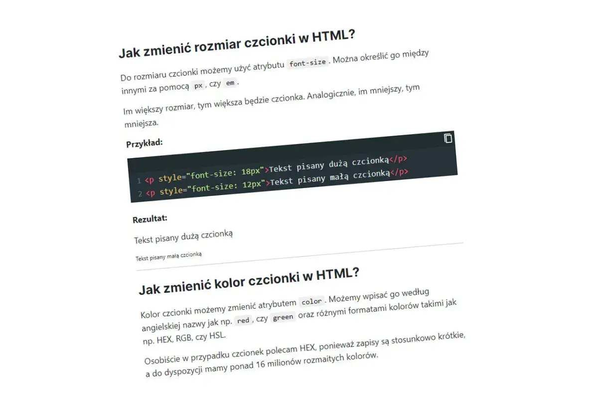 Jak zmienić czcionkę HTML? Przykład kodu pokazuje, jak ustawić rozmiar tekstu na 18px i 12px.