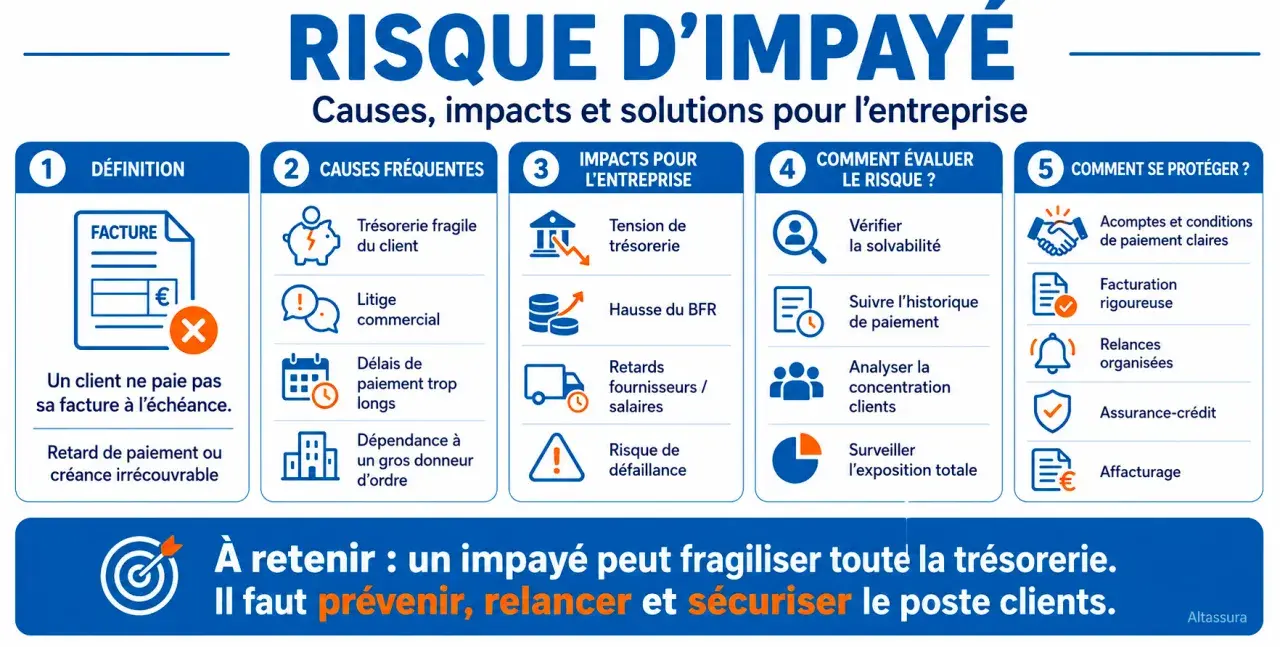 Infographie sur le risque d'impayé : causes, impacts et solutions pour l'entreprise. Évaluez le risque et protégez-vous de l'obligation bancaire.