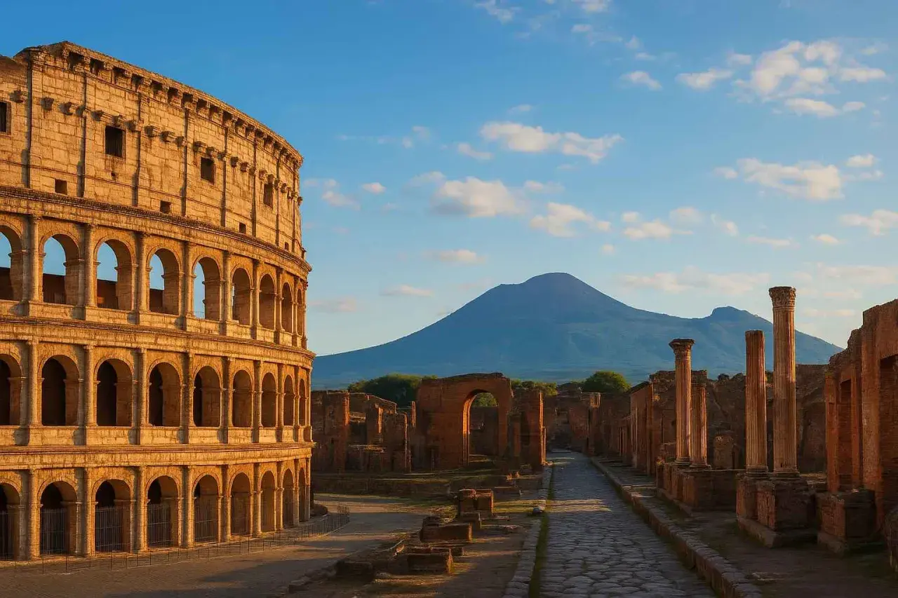 Le Colisée de Rome et les ruines de Pompéi sous le Vésuve. Un voyage à travers l'histoire antique.