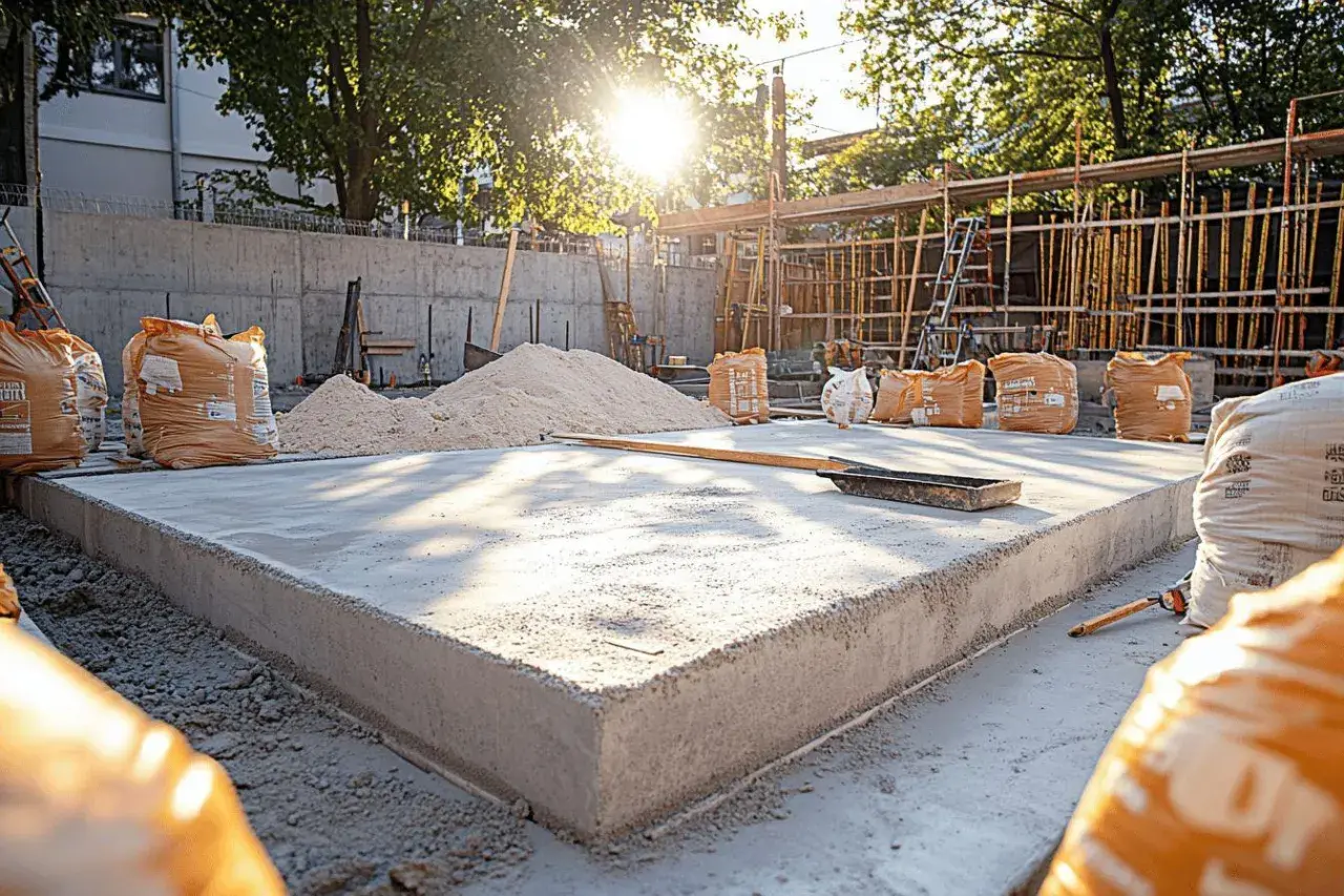 Chantier de construction : une dalle de béton fraîchement coulée, des sacs de ciment et du sable. Faut-il déclarer une terrasse en béton ?
