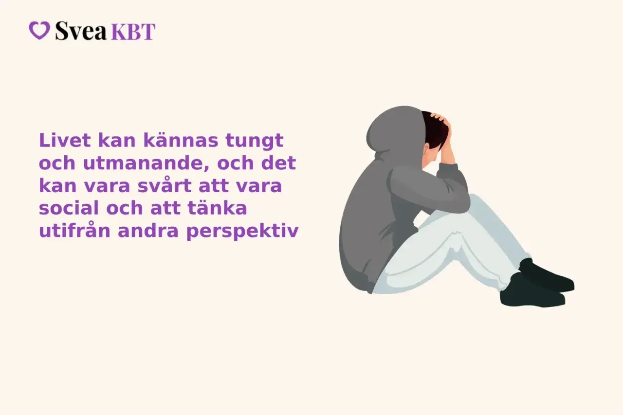 En person sitter hopsjunken med händerna över huvudet, en bild som kan symbolisera melankoli symtom. Texten lyder: "Livet kan kännas tungt och utmanande, och det kan vara svårt att vara social och att tänka utifrån andra perspektiv.