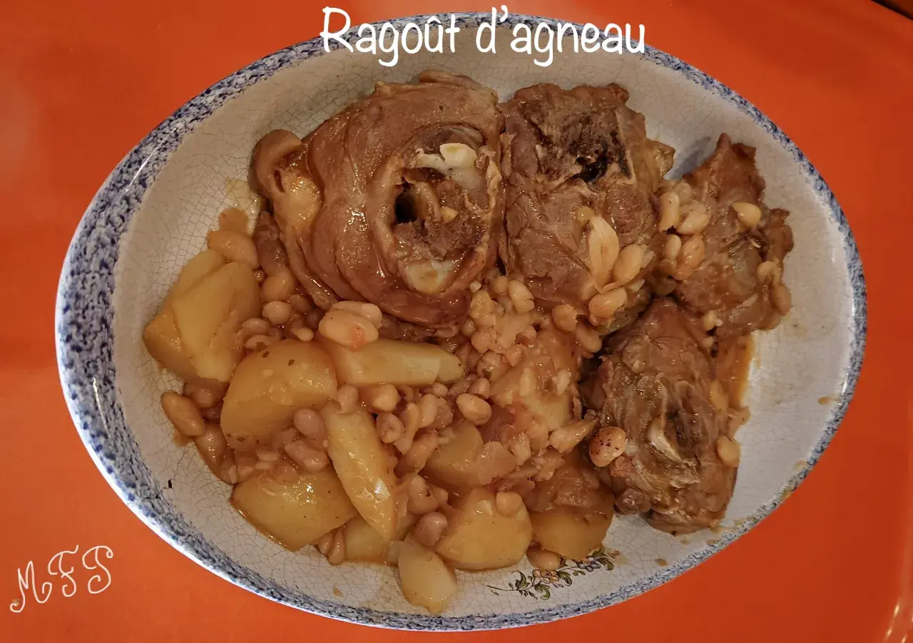 Un plat de ragout d'agneau avec des pommes de terre et des haricots blancs, servi dans un plat ovale à bordure bleue.