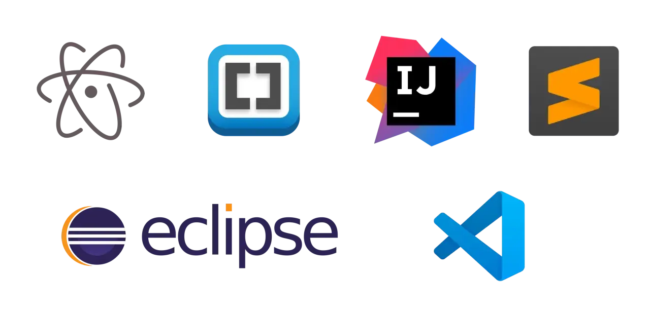 Logos d'IDE : Atom, Brackets, IntelliJ IDEA, Sublime Text, Eclipse, Visual Studio Code. Le meilleur IDE dépend de vos besoins.