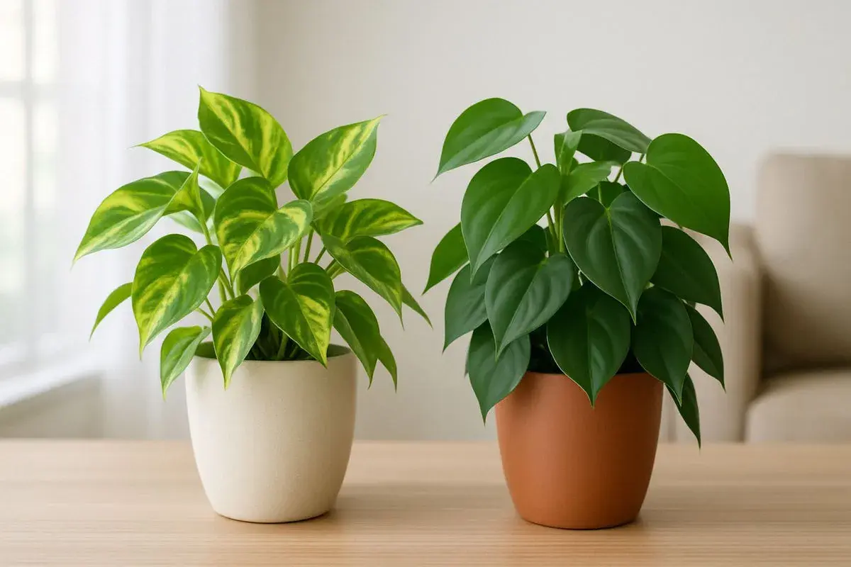 Zwei Zimmerpflanzen auf einem Holztisch. Links ein Philodendron mit gelb-grünen Blättern, rechts ein Philodendron efeutute mit dunkelgrünen, herzförmigen Blättern.