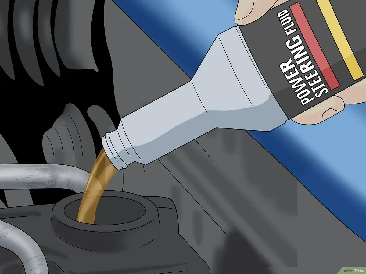 Persona vierte aceite de dirección asistida en el depósito del motor.