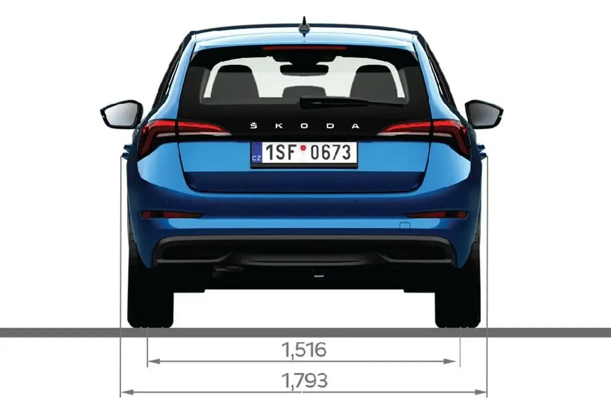 Niebieska Skoda Scala z tyłu, z widocznymi wymiarami 1,516 m i 1,793 m.
