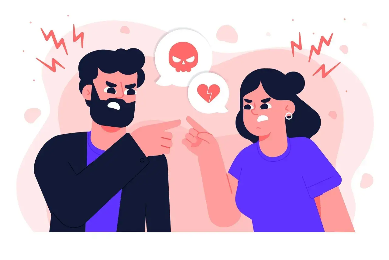 Pareja discutiendo, con un cráneo y un corazón roto en burbujas de diálogo. Su **relación intermitente** parece estar en crisis.