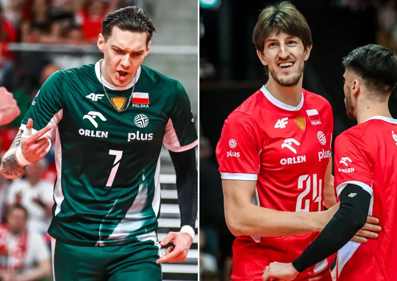 Siatkarze reprezentacji Polski w zielonych i czerwonych strojach. Młodzi sportowcy, których średnia wieku reprezentacji Polski jest niska, walczą o zwycięstwo.