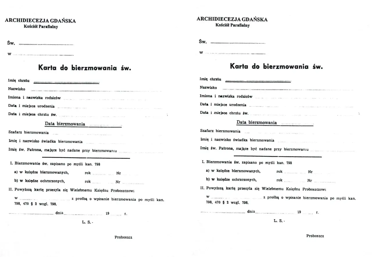 Karta do bierzmowania św. - dokument potrzebny, by uzyskać zaświadczenie o bierzmowaniu. Wypełnij dane chrztu, urodzenia i bierzmowania.