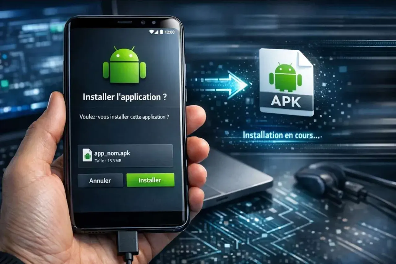 Installation d'un fichier apk android sur un smartphone. L'écran affiche "Installer l'application ?" avec les options "Annuler" et "Installer".