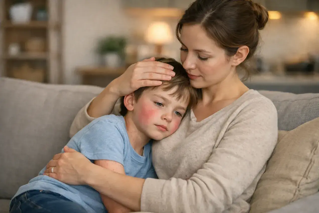 Une mère réconforte son fils malade, le visage rouge et couvert de boutons, possiblement un test scarlatine pharmacie.