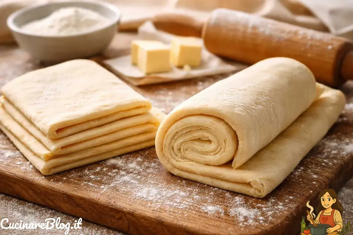Pasta sfoglia veloce pronta per essere utilizzata. Ingredienti base per dolci e salati, con rotolo e sfoglie impilate.
