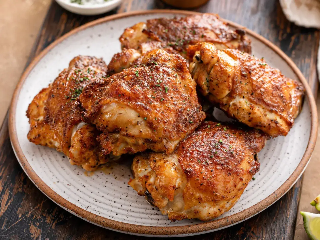 Złociste, chrupiące pałki z kurczaka, posypane ziołami, ułożone na talerzu. Idealne na obiad.