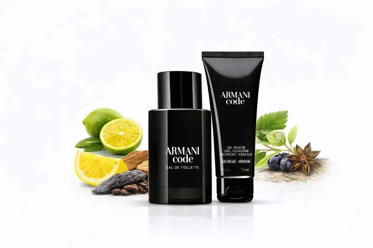 Zestaw Armani Code: woda toaletowa i żel pod prysznic, otoczone cytrusami, ziarnami kawy i anyżem.