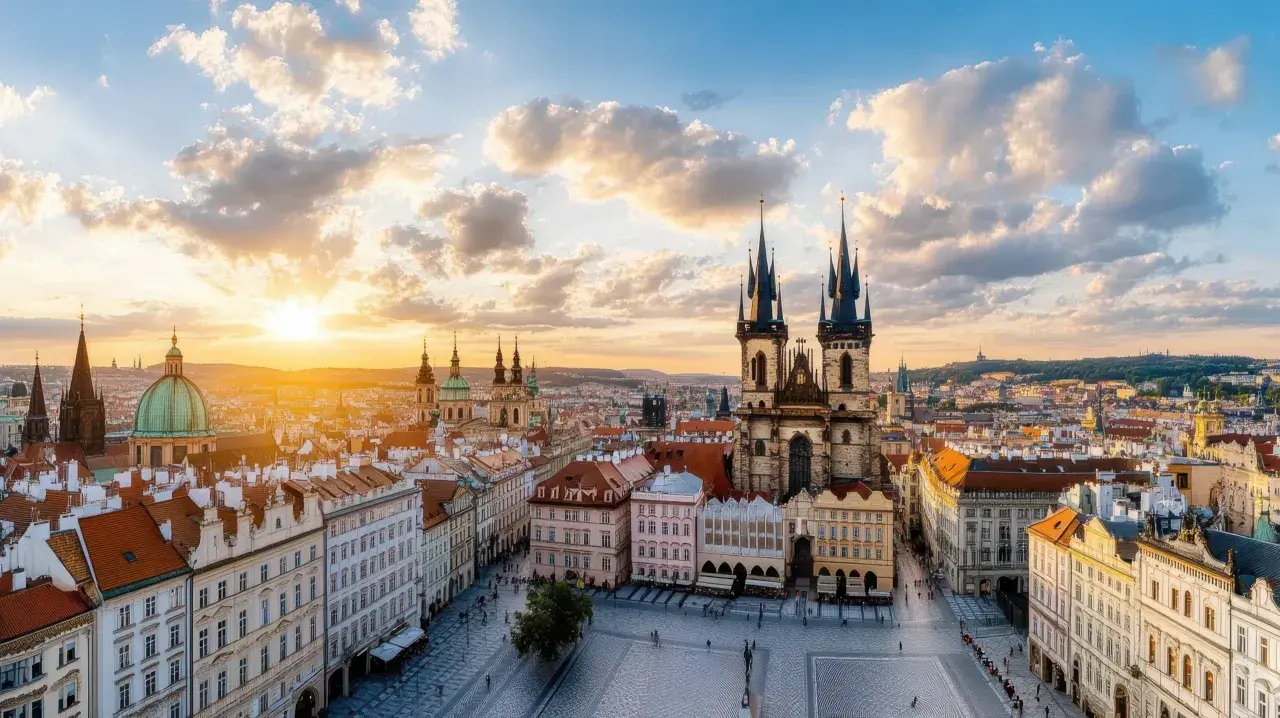 Zachód słońca nad Pragą, idealny na weekend w Czechach. Widok na Rynek Staromiejski z Kościołem Marii Panny przed Tynem.