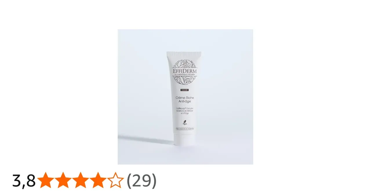 Tube de crème anti-âge Effiderm, formule vegan pour peaux matures. Ce soin riche, avec 0.05% d'ingrédients actifs, promet une peau repulpée.