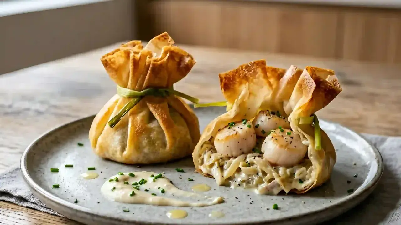 Deux petits sacs croustillants de pâte filo, l'un garni de Saint-Jacques et l'autre mystérieux. Une recette entrée originale et raffinée.