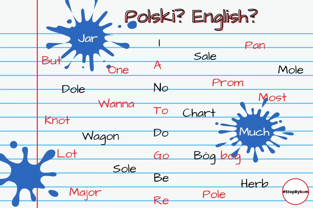 Polski? English?" - lista słów, gdzie niektóre angielskie słowa brzmią jak polskie, np. "Jar" i "Much".