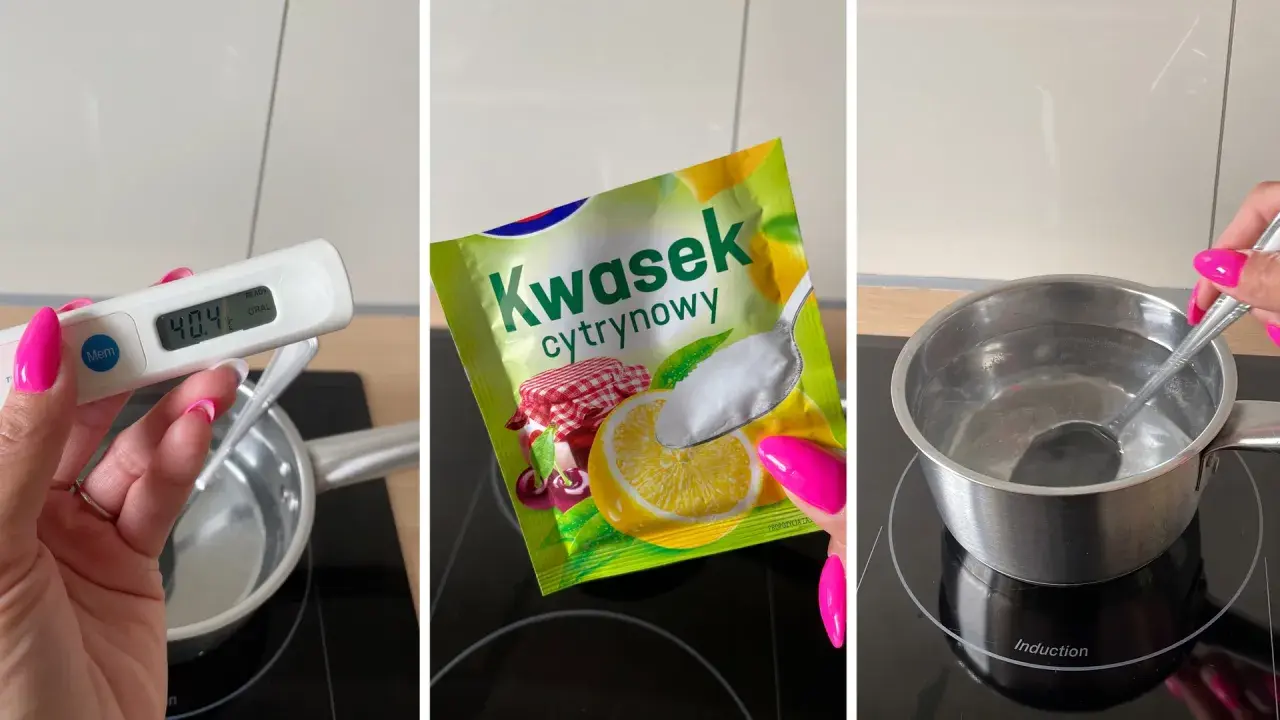 Przygotowanie roztworu do odkamieniania ekspresu kwaskiem cytrynowym. Woda w garnuszku ma 40.4°C.