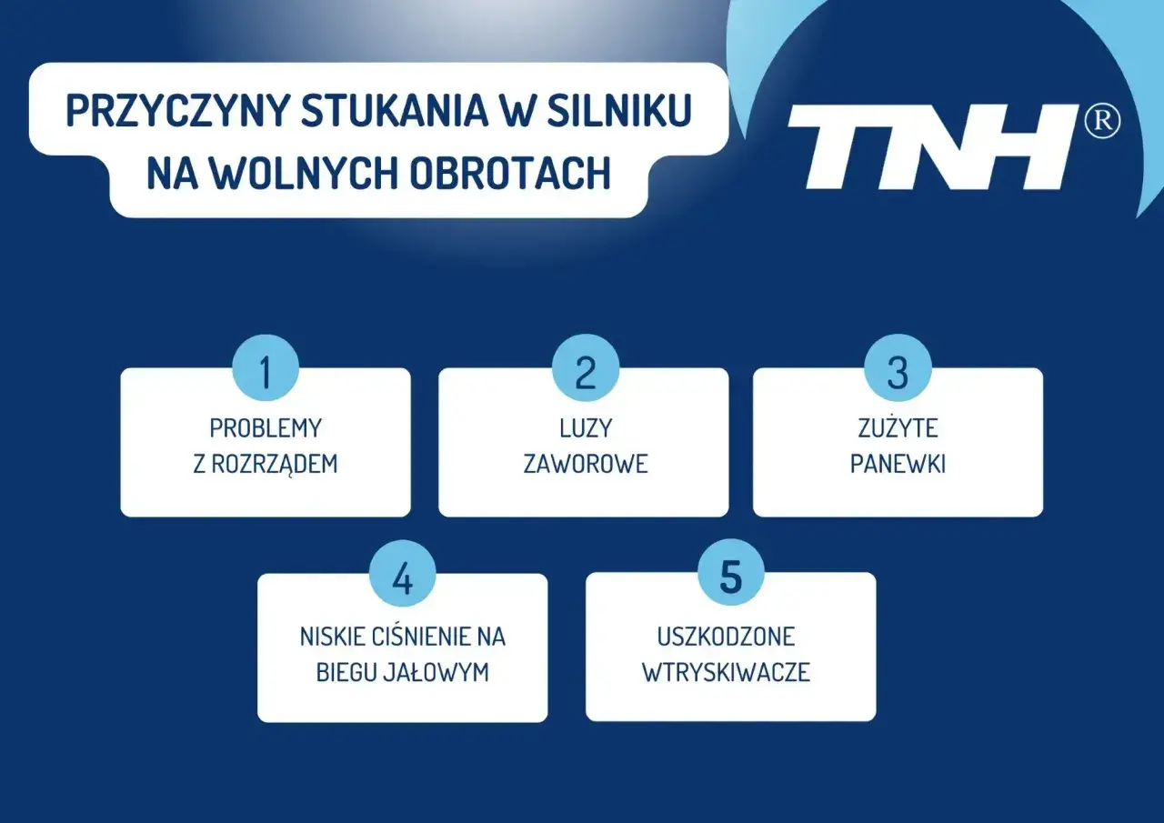 Przyczyny stukania w silniku na wolnych obrotach: problemy z rozrządem, luzy zaworowe, zużyte panewki, niskie ciśnienie oleju, uszkodzone wtryskiwacze.