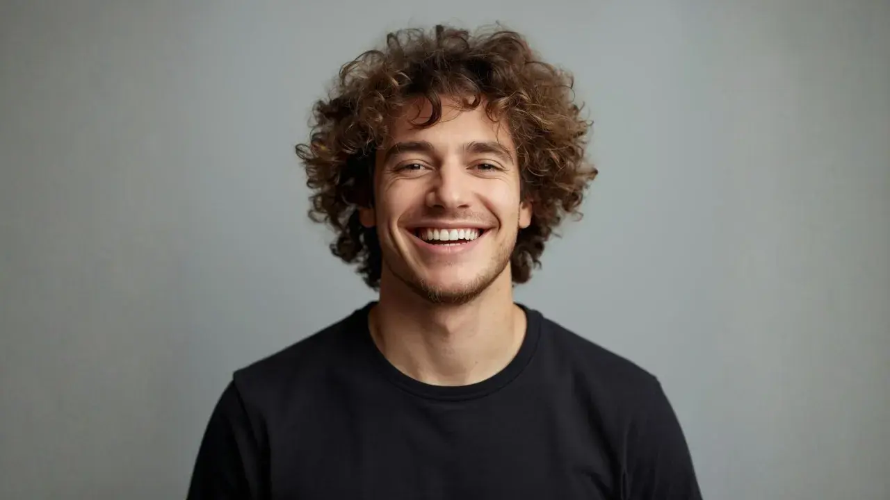 Uomo sorridente con splendidi capelli ricci uomo, un look naturale e vivace.