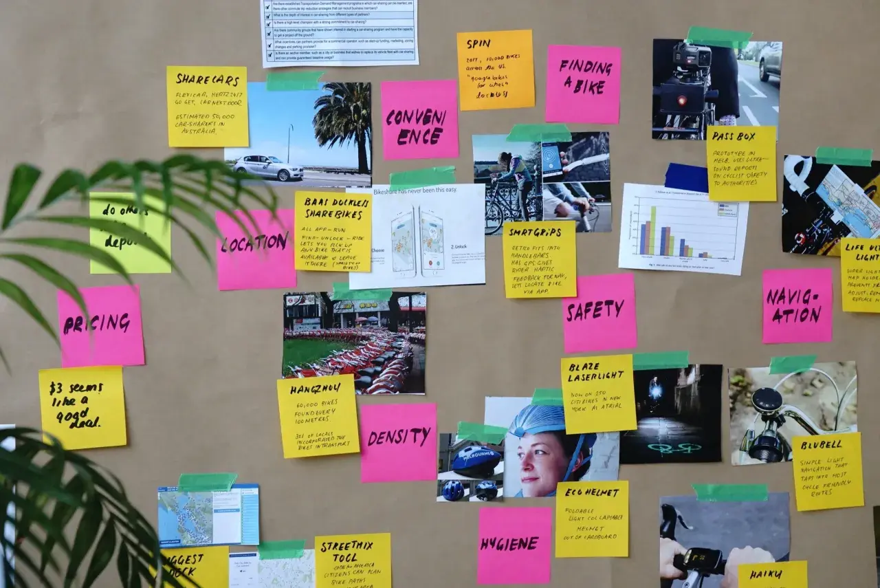 Lavagna con post-it e immagini su mobilità ciclistica. Parole in inglese facili come "Pricing", "Safety", "Location" e "Hygiene" sono scritte su post-it colorati.