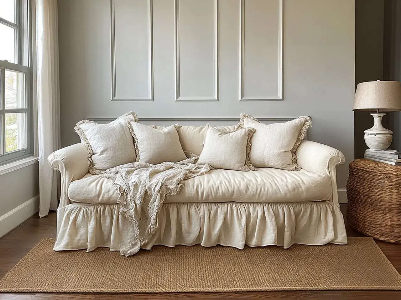 Przytulne wnętrza w stylu shabby chic: kremowa kanapa z falbaną, lniane poduszki i pled.