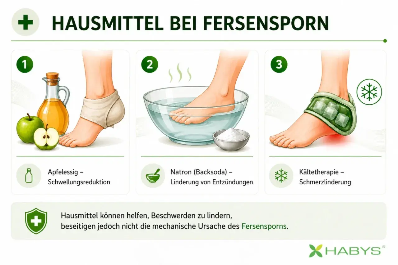Hausmittel bei Fersensporn: Apfelessig, Natronbad und Kälte helfen gegen Schwellungen und Entzündungen, lindern die Fersensporn-Symptome.