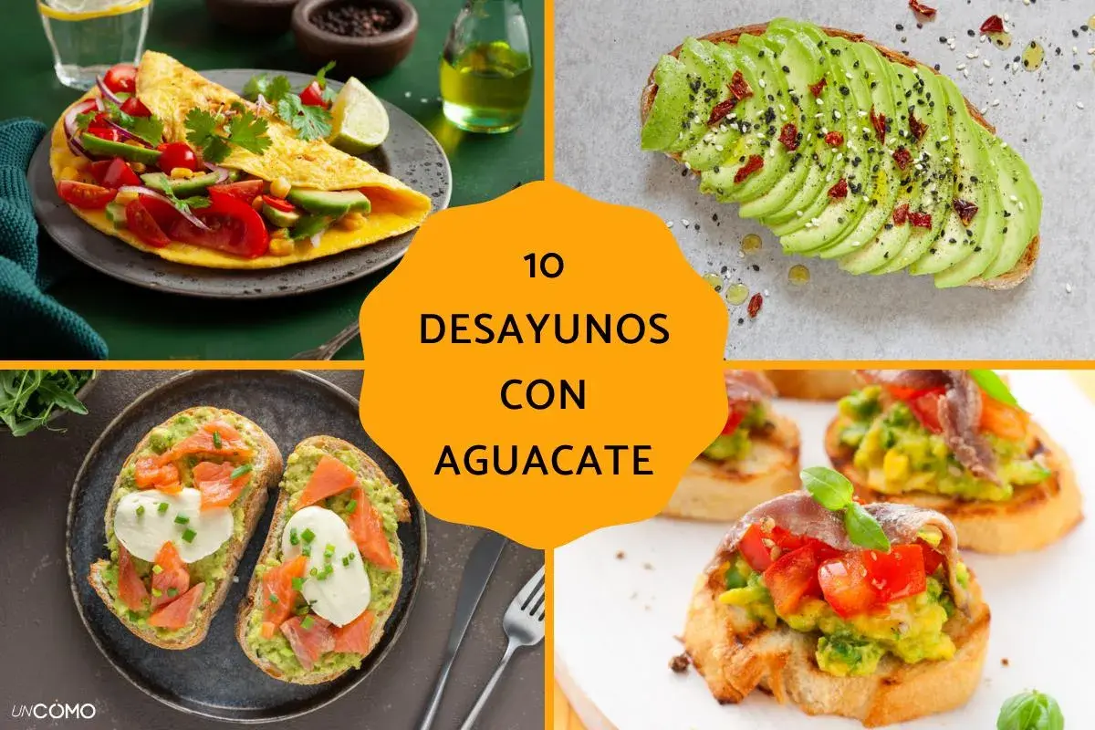 10 desayunos con aguacate para adelgazar: tortilla, tostadas con salmón y aguacate, y bruschettas.