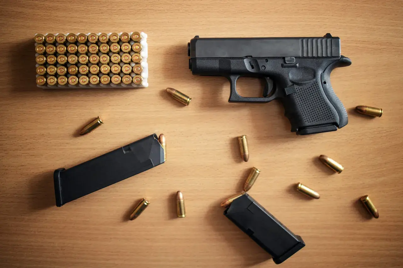 Pistolet, magazynki i amunicja na drewnianym stole. Zastanawiasz się, jak odzyskać cofnięte pozwolenie na broń?