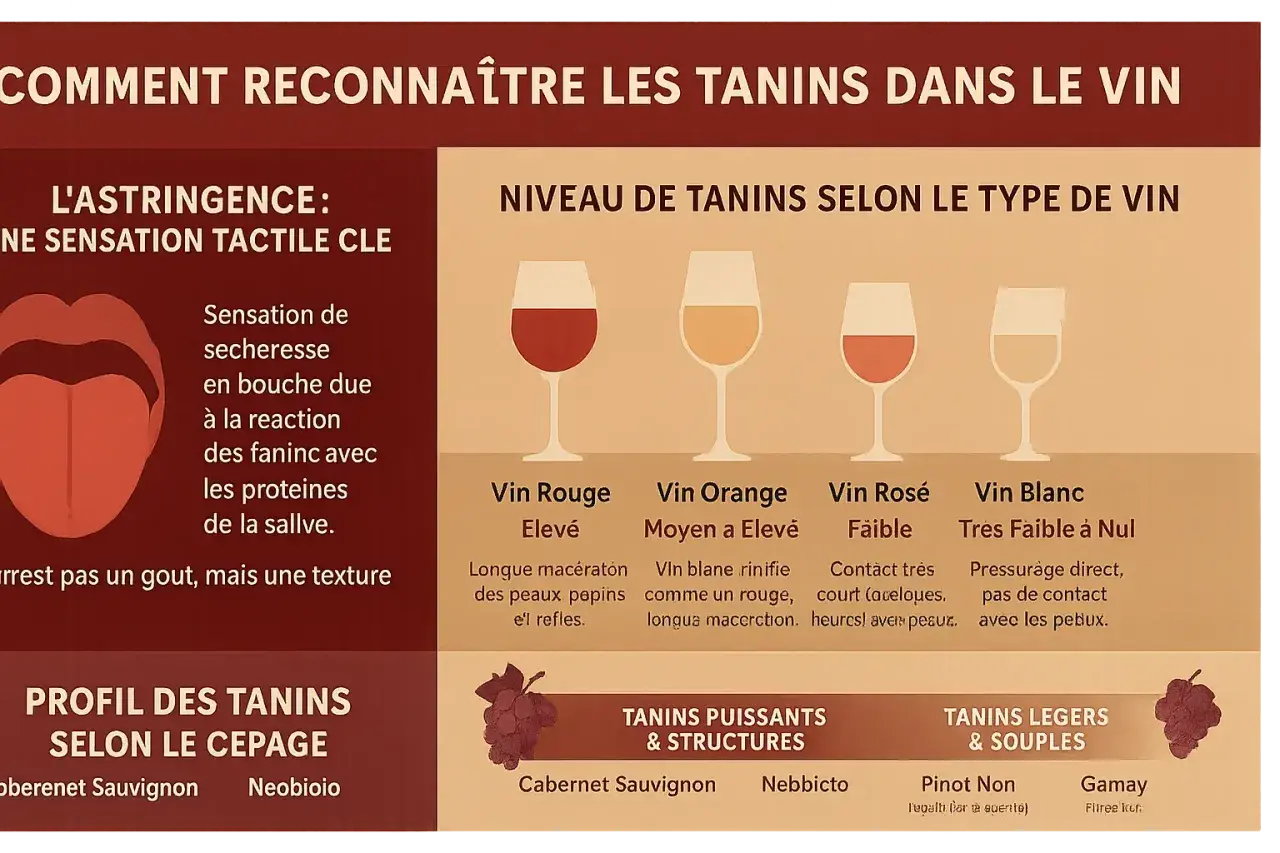 Comprendre les tanins du vin : sensation de sécheresse en bouche, niveaux selon le type de vin (rouge, orange, rosé, blanc) et profils par cépage.