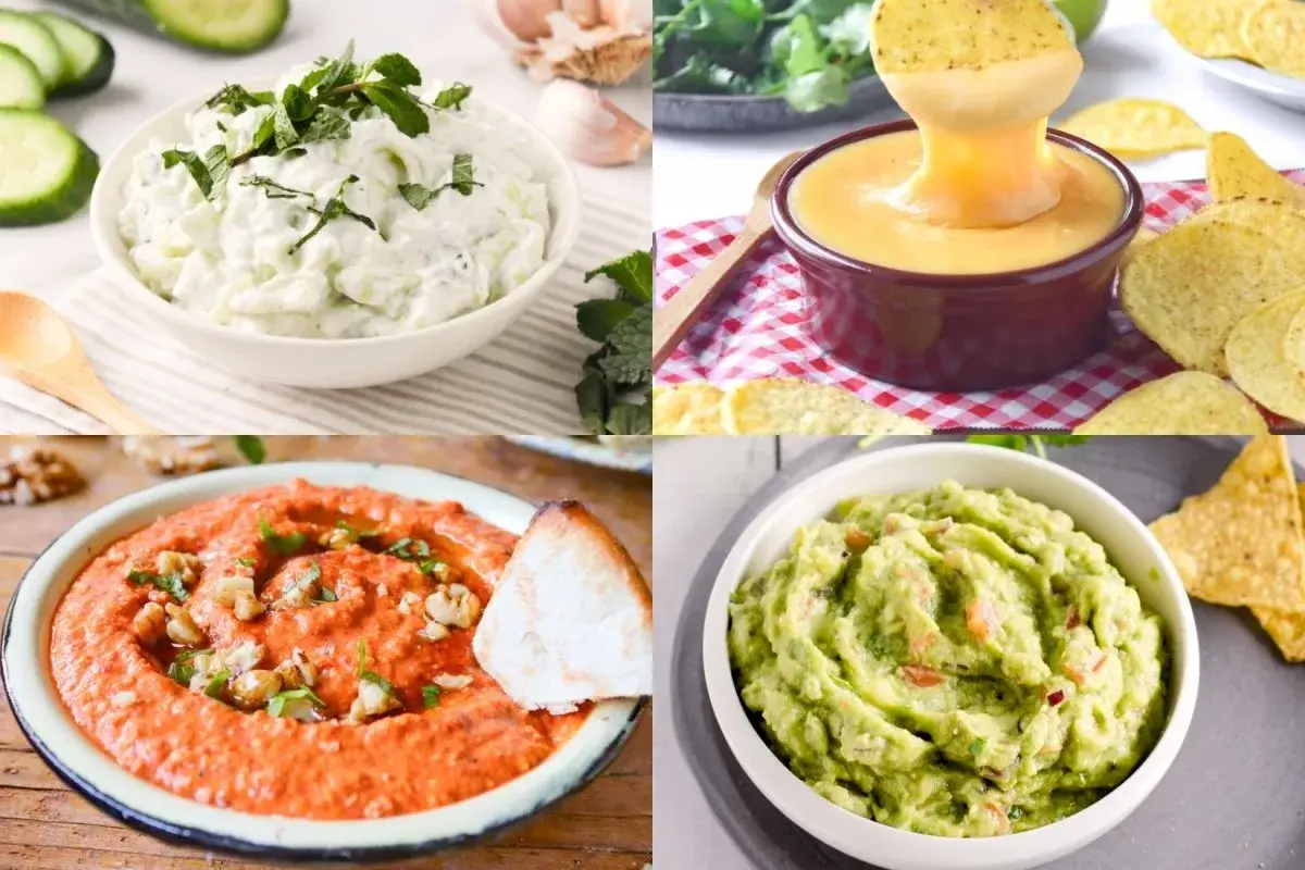 Cuatro dips: tzatziki, queso fundido, muhammara y guacamole. ¡Perfectos para dipear!