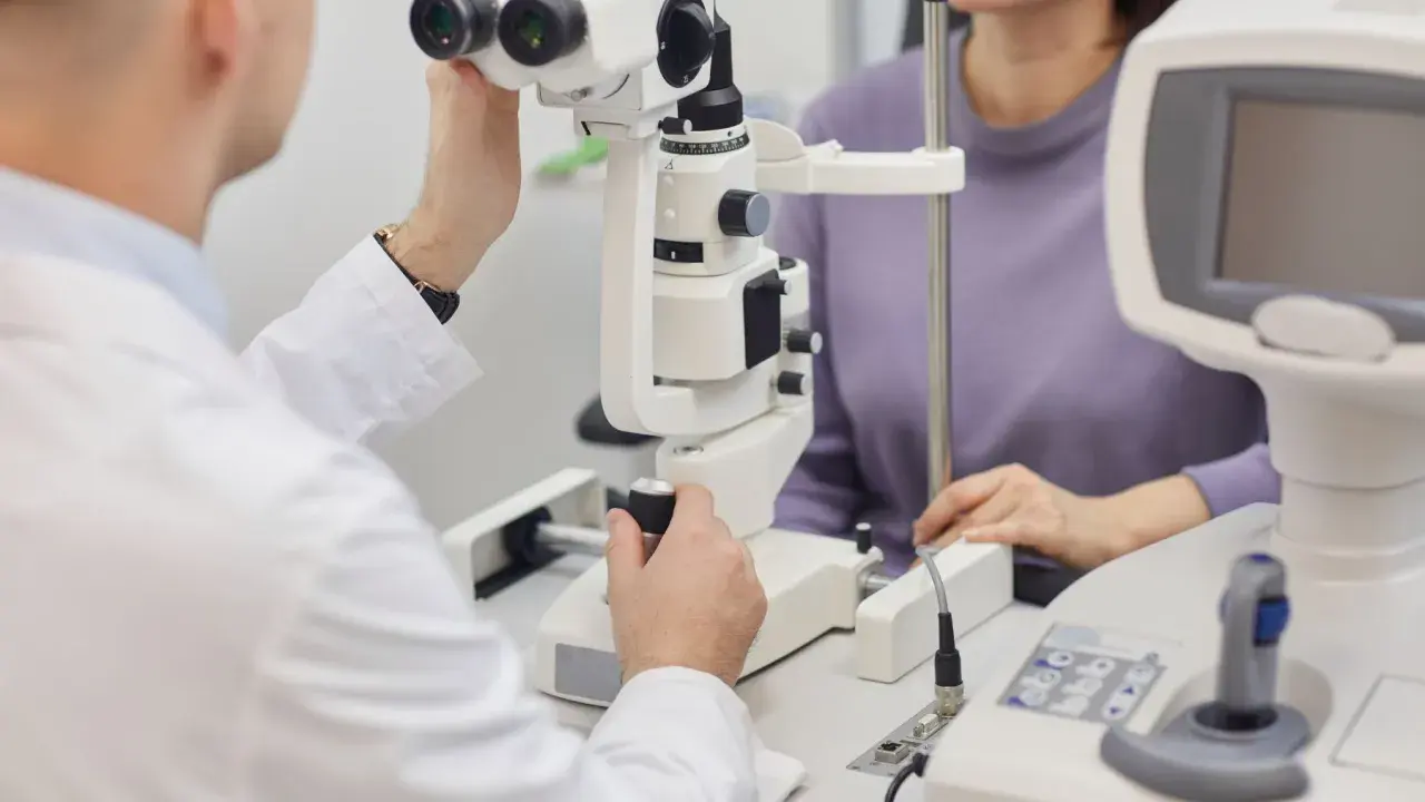 Okulista bada pacjentkę, która może mieć neuropatię nerwu wzrokowego.