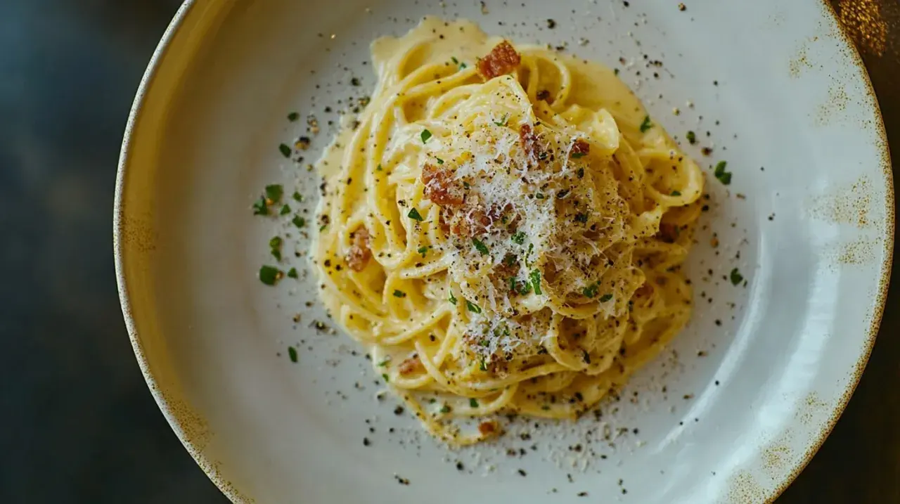 Ein Teller cremiger Spaghetti Carbonara, bestreut mit Pecorino, schwarzem Pfeffer und knusprigen Speckwürfeln.