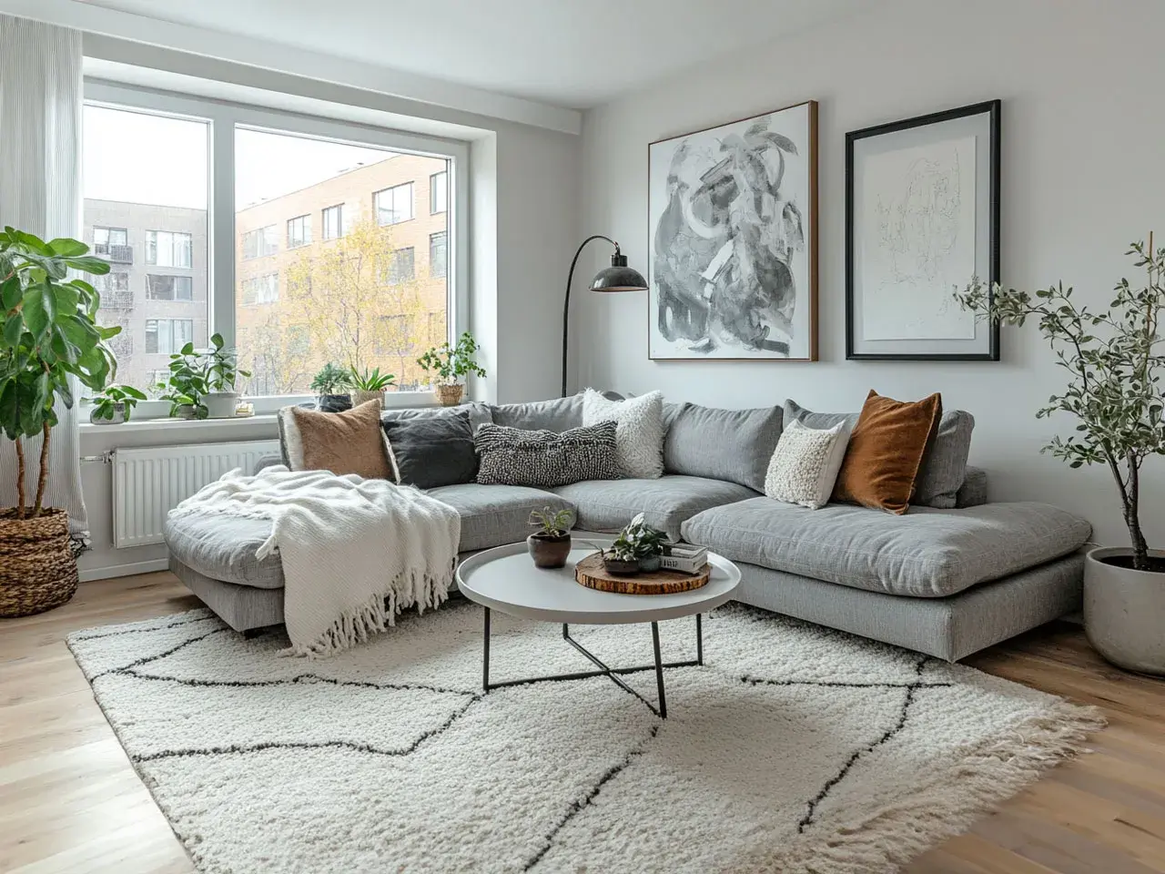 Gemütliches Wohnzimmer im skandinavischen einrichtungsstil mit großem Ecksofa, weißem Teppich und vielen Pflanzen.