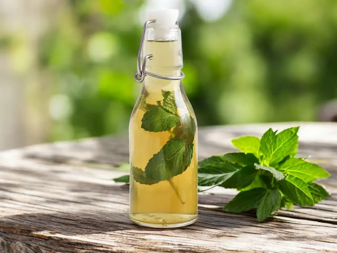 Bouteille de sirop de menthe maison avec des feuilles de menthe fraîche sur une table en bois.