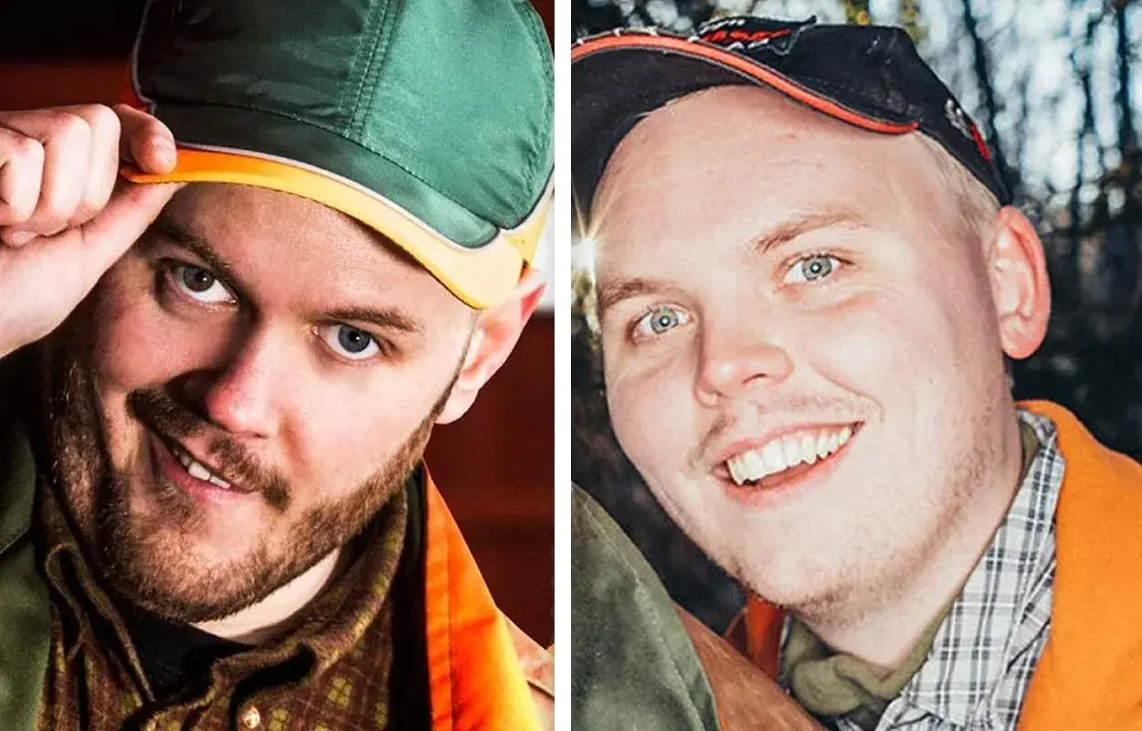 Två närbilder på män med kepsar, en grön och en svart. Kanske från en leif och billy film?