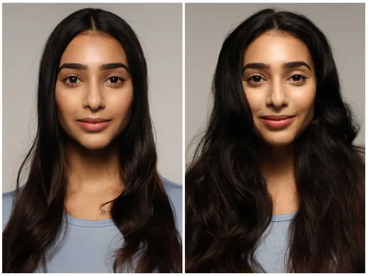 Comparativa de champú en seco: cabello lacio y sin vida antes, y con volumen y brillo después.