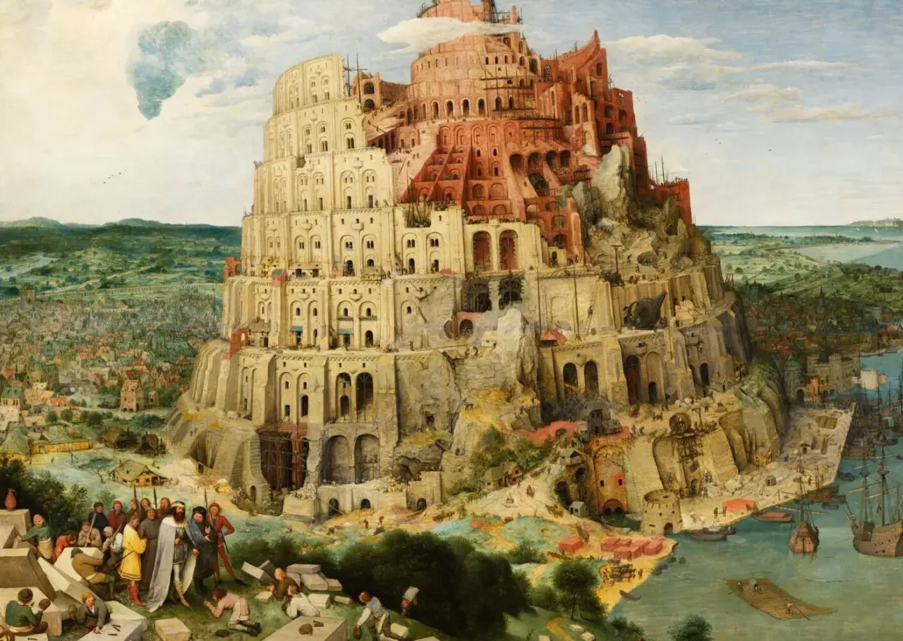Monumentalna wieża Babel w budowie, z licznymi robotnikami i statkami w porcie.