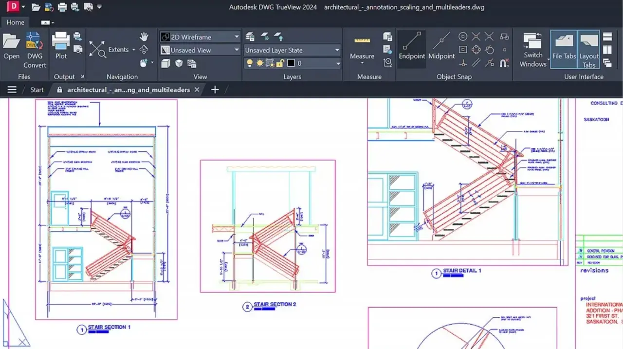 Widok schodów w programie DWG TrueView po polsku. Detale architektoniczne schodów i ich sekcje.
